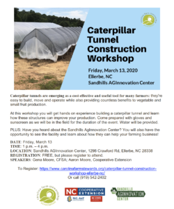 Hands on Caterpillar tunnel workshop scheduled for Friday, March 13, 1-4 pm at the Sandhills AGInnovation Center on Crawford Road, Ellerb.