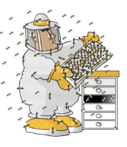 Drawing of a beekeeper with bees